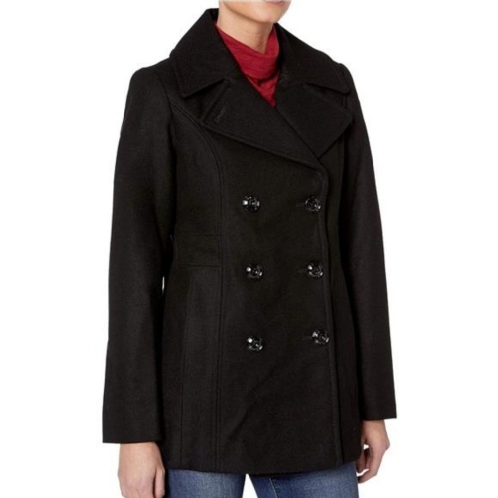 London Fog Women's Double Breasted Peacoat Wool Black Classic Lined size Small